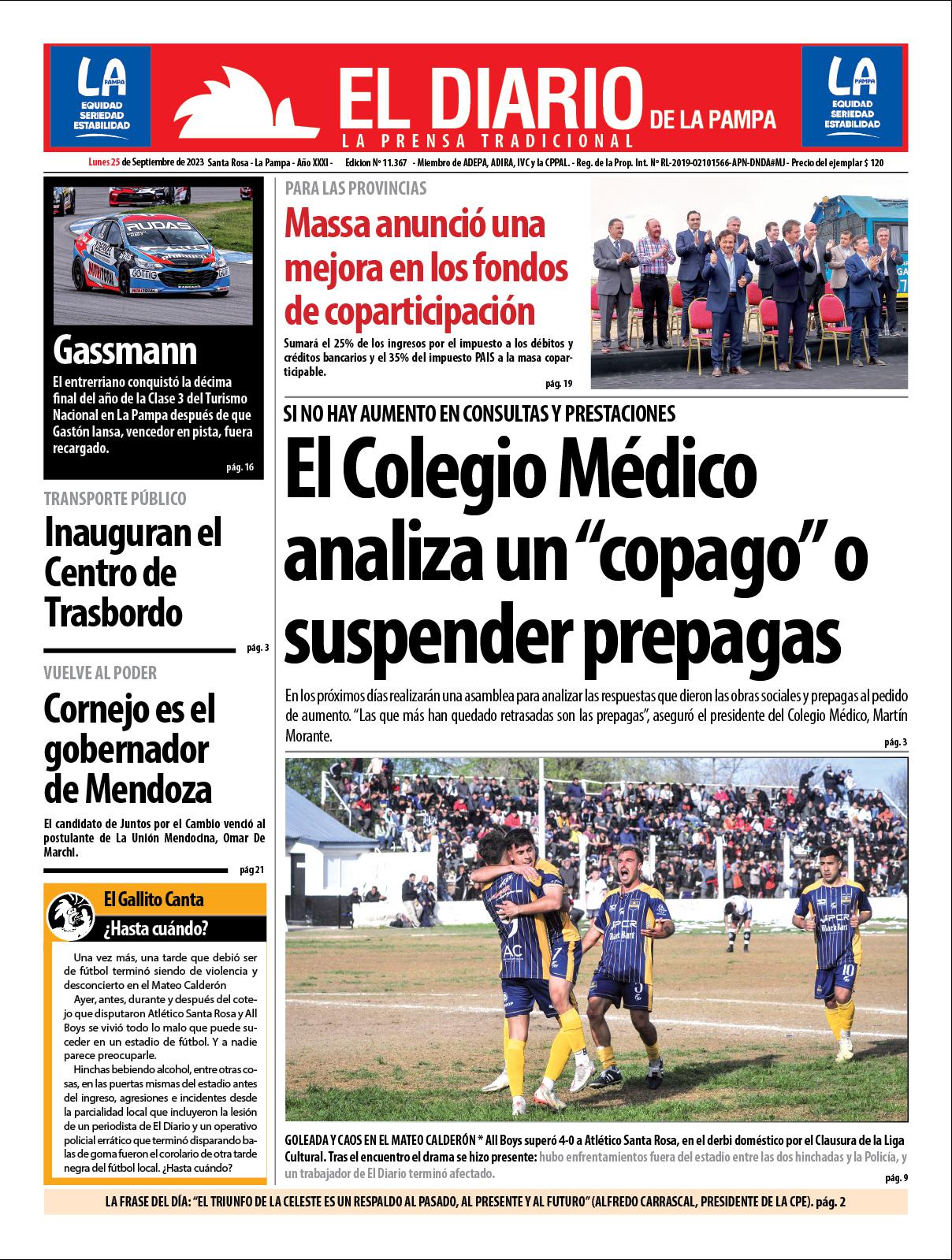 Tapa de El Diario en papel  lunes 25 de septiembre de 2023